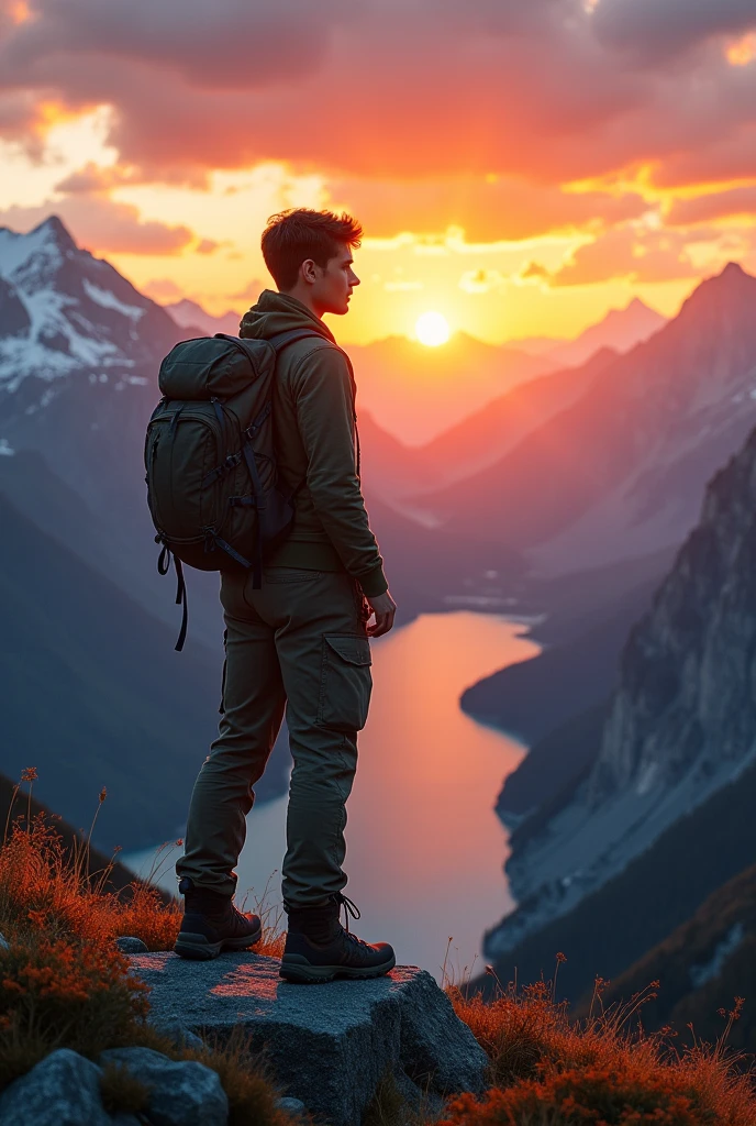 Create a sunset image, where a 20-year-old male is on top of the mountains contemplating the landscape in which in the middle of the mountains below there is a lake which makes the landscape more beautiful and detail the young man will be wearing trail clothing. the young man is facing the sun.