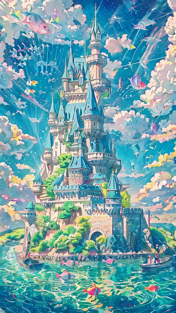 Illustrations drawn with colored pencils、Soft and gentle touch、A large school of colorful small fish、fly in the sky、Floating Castle