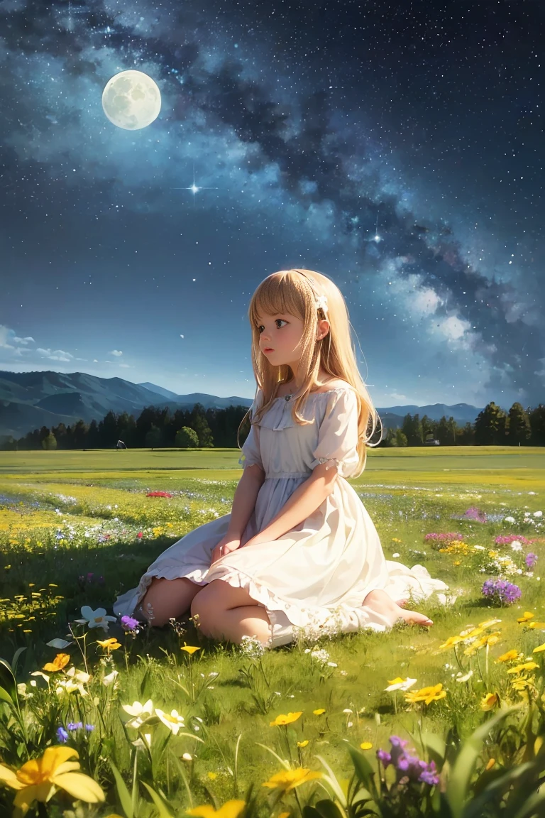 A girl on a meadow,Stars twinkling in the sky,Shining Star,milky way,full moon,I look up and see,Wildflowers are in full bloom,Pure World,masterpiece,Highest quality,最高masterpiece,Detailed anime art,Digital Art,