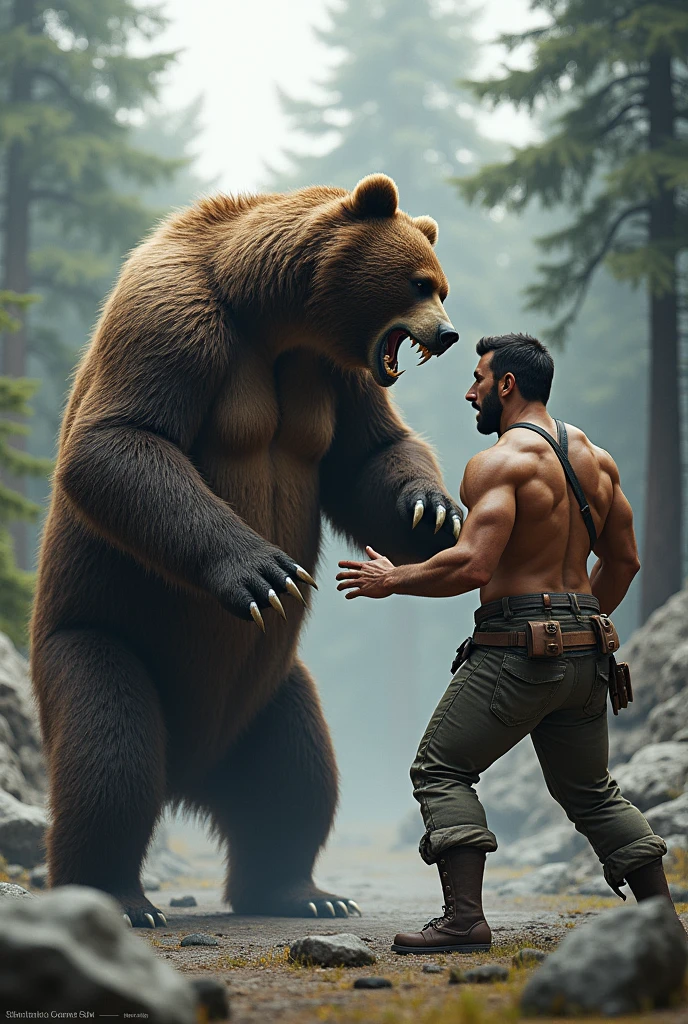 Bear and man fighting 
