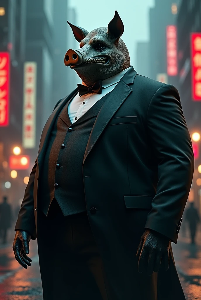 Rich man with scary hog mask with eye patch wear tuxedo, big boss vibes, fat body, with cyberpunk city background, cinematic, realistic, high details, journey to the West, humanoid, main villain, realistic, depressed