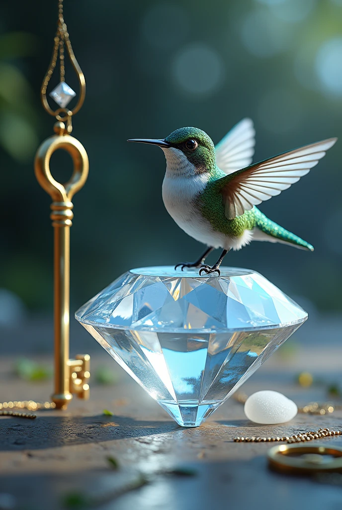 Image of a diamond stone standing out well, with a hummingbird on top and a golden key in a vertical position on the left side. 