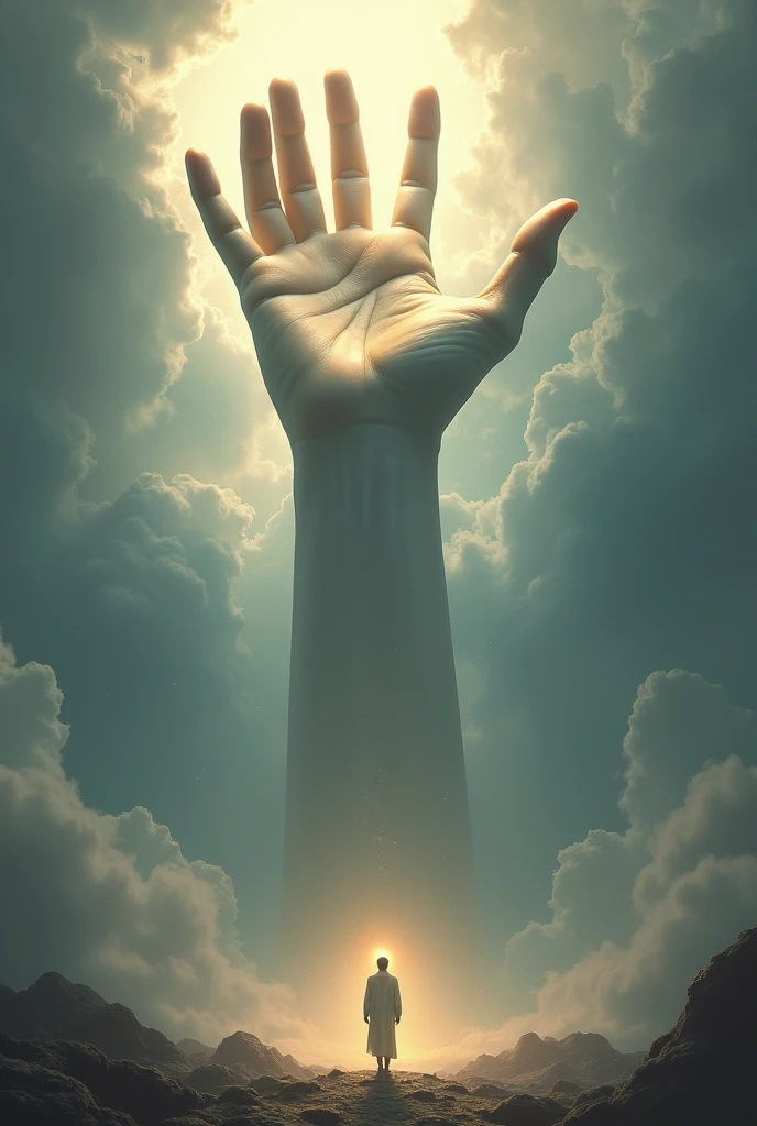 A GIANT HAND COMING FROM HEAVEN ON A MAN WHO IS STANDING IN FRONT OF THE HAND 
