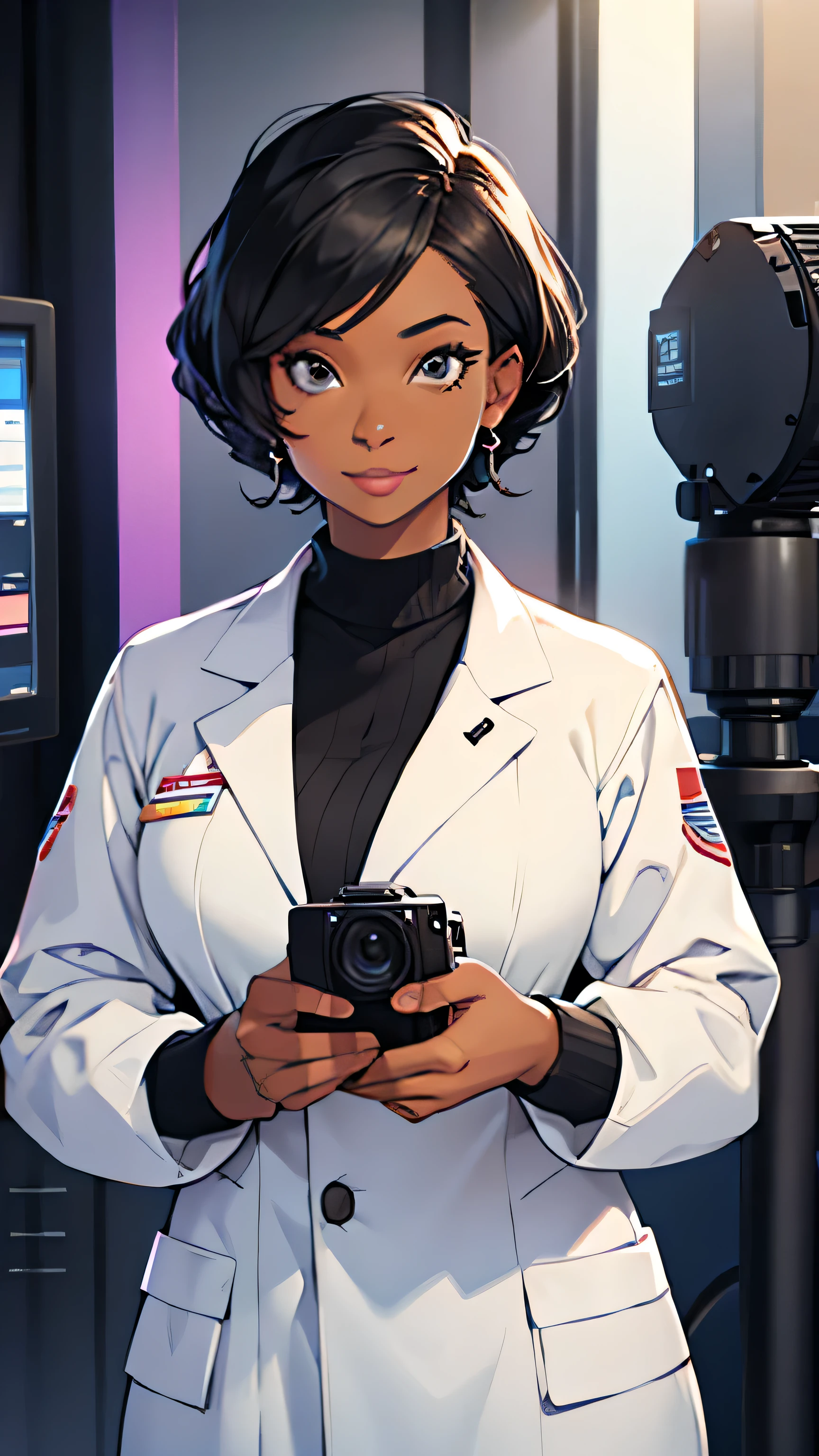 black female science presenter looking at the camera