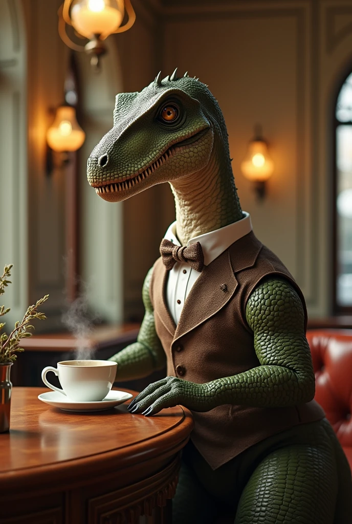 A dinosaur wearing a vest and bow tie leisurely brews drip coffee at the counter of a classical cafe.