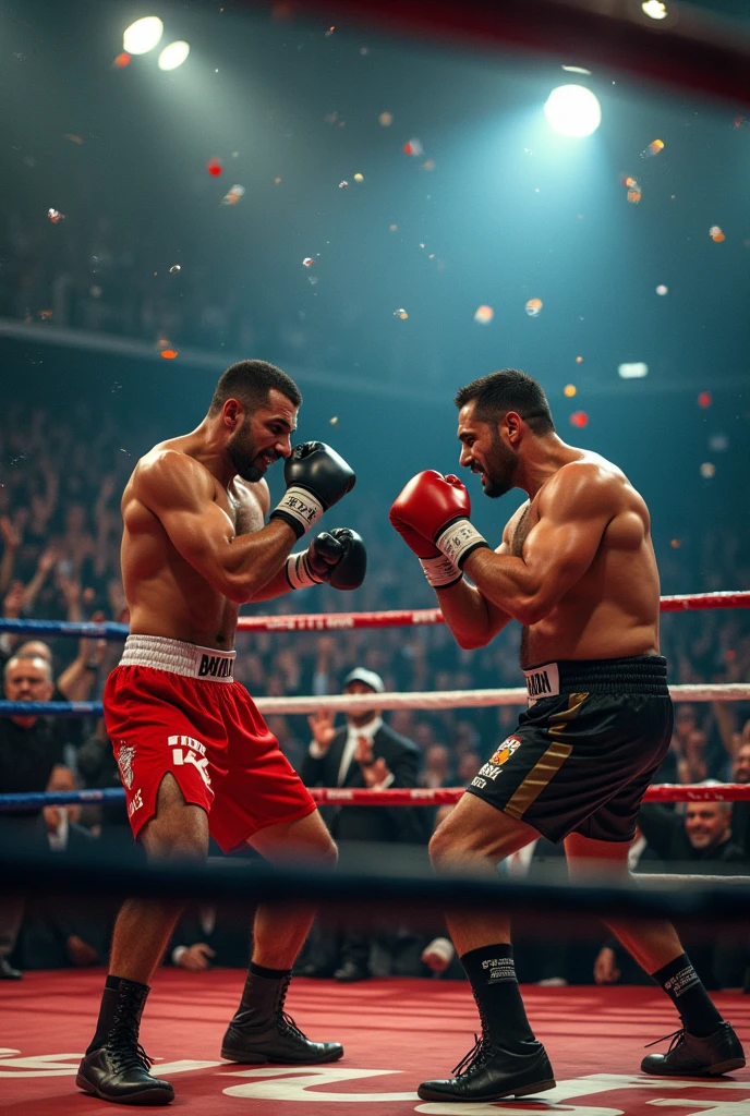 In the boxing ring you can see an Iranian boxer against a Russian, The latter being the challenger since the Iranian is the owner of the belt, and the Russian commentators all excited to see the K.O. Of the Russian over the Iranian in the background you can see the display 2 minutes 37 seconds of round 12 the fight ends and the crowd in the stands and all their Russian compatriots celebrate raising their hands and shouting with joy and emotion glasses flying with beer raining down everywhere, politicians and members of the militia s