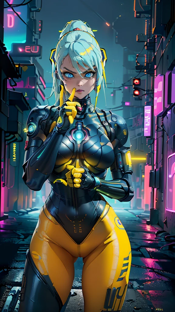 the highest quality))、((masterpiece)、cyberpunk、big glutes、Kneel down、Electronic visor attached to the face of a with emphasis on the 、Red latex body.,modo cyberpunk、pose sexy、(Weyellow leggings on the lower body、breast enlat、Neon lights in the dark city at night.,unreal engine:1.4,HD,La Best Quality:1.4, photorealistic:1.4, skin texture:1.4, masterpiece:1.8,masterpiece, Best Quality,(beautiful blue eyes ),( neon yellow cyborg),(Perfect anatomy),convex ,(Detailed fingers),white cyborg latex bodysuit, (cyberpunk 2.1) ,long blue hair:1.4), (green cyborg schoolgirl miniskirt:1.4)