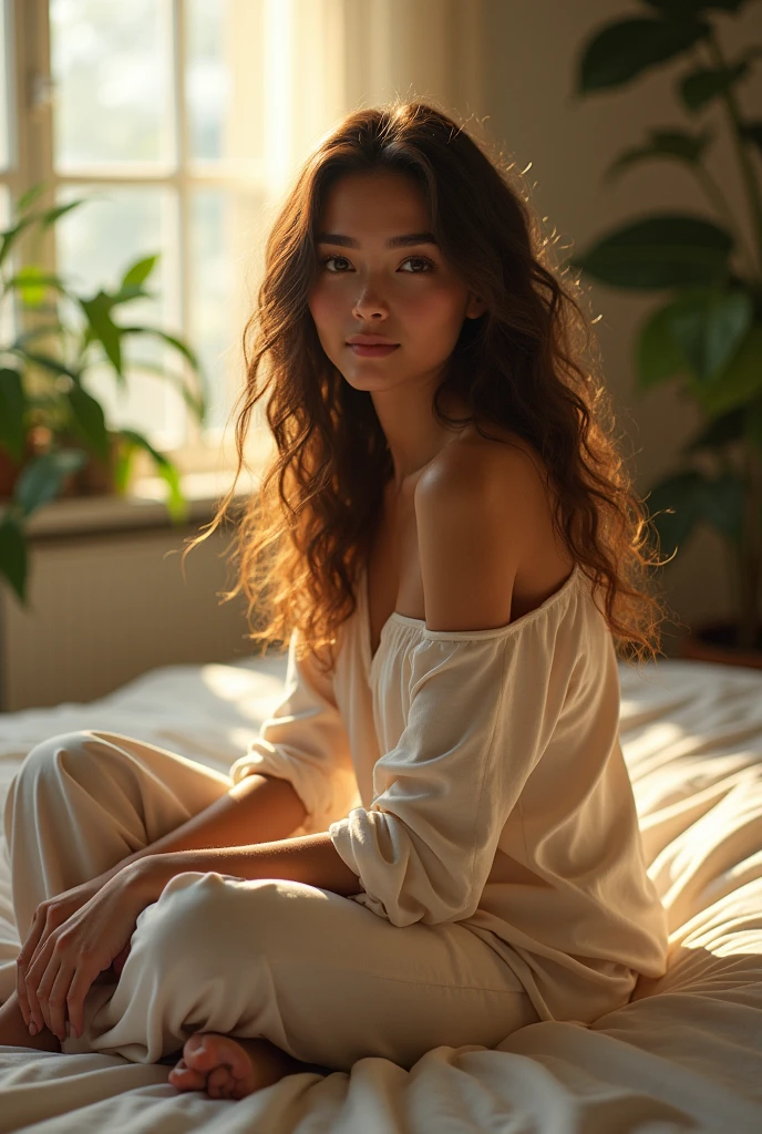 (photorealism:1.2), beautiful woman, sitting on bed, wearing loose off-shoulder top, pajama pants, long curly hair, indoors, soft lighting, plants in background, window with sunlight, cozy room, relaxed pose, realistic, intricate details, warm colors, by Greg Rutkowski, by Alphonse Mucha