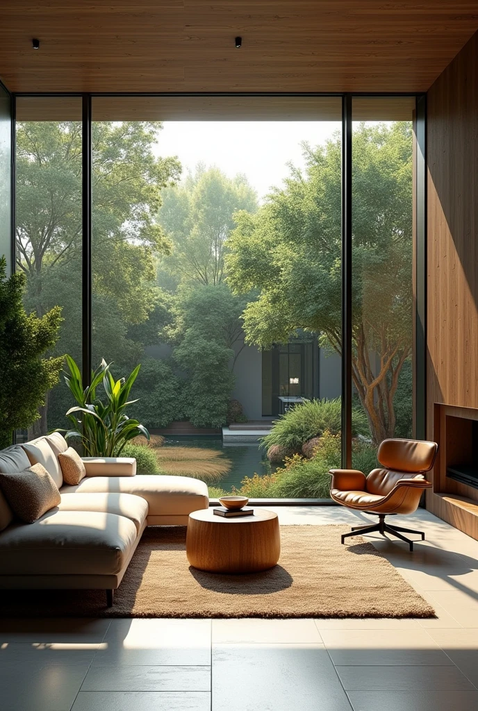 Interior design , contemporary living room , in Brazil , glass frame , view of external garden , ultra realisitic , 4K , High-resolution rendering 