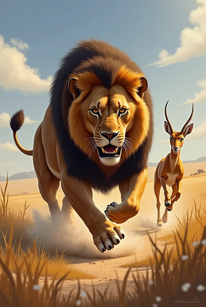 - **Lion Hunting a Gazelle:** Show a lion in the act of hunting or attacking a gazelle. You can depict the lion in a predatory stance and the gazelle appearing alarmed or trying to escape.