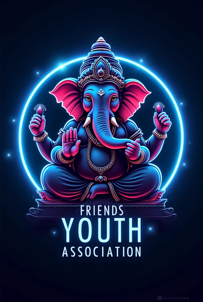 Create a logo with the name of FRIENDSYOUTH ASSOSIATION with bag round circle dark black blue NEON light Ganesh idol with the name of FRIENDSYOUTH ASSOSIATION