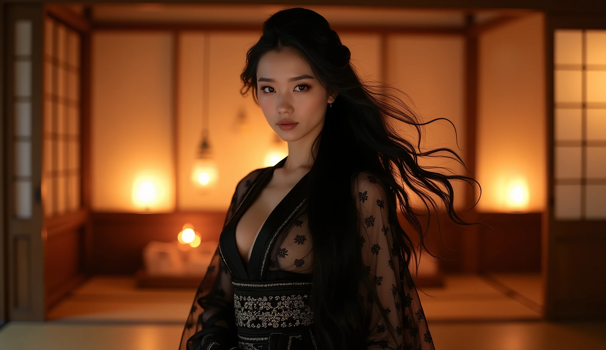 Realistic photos of Diao Chan, a Chinese fantasy beauty. She is very elegant, beautiful, and exotic. Her long, beautiful black hair is blowing in the wind. Her long, beautiful eyelashes and dark navy blue eyes shine beautifully, giving her a sense of beauty and strength. And her sexy, glossy, slightly thick lips enhance her feminine charm. Her body is gorgeous and curvaceous, with breasts that are a great size and beautiful shape, a beautifully toned waist, and beautifully long, slender legs.
Her voluptuous body is visible even through the thin, black, gauze kimono she only wears to sleep at night, and her inconcealable charm makes her even more beautiful.
This photo was taken in a traditional Japanese room with tatami mats, sliding doors and paper screens, lit by the soft, warm light of a fire before going to sleep at night.