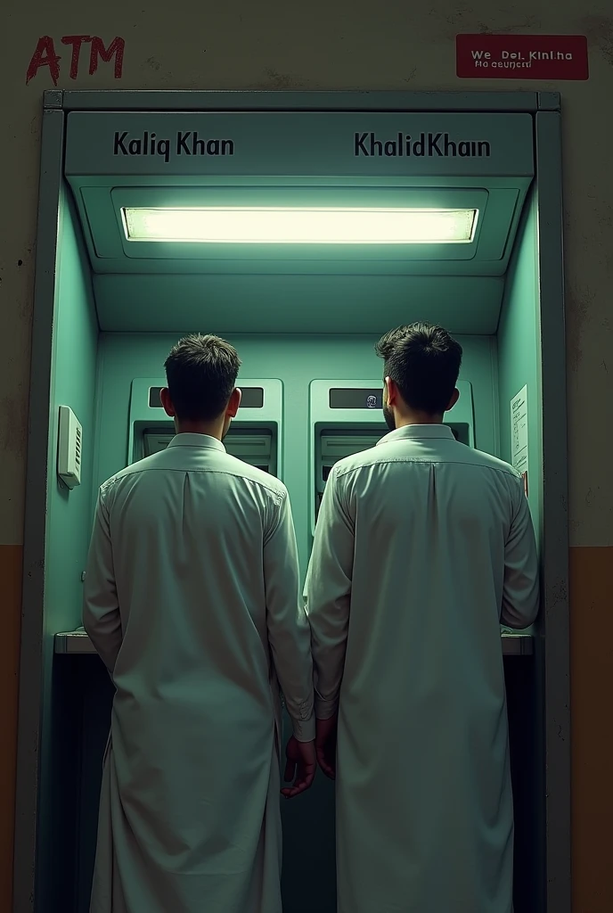 Generate a picture of two men ,age 26 years, wearing shalwar qames waiting depressed in ATM for his salary. "Tariq khan" and "khalid khan" names must be written in ATM wall clearly.