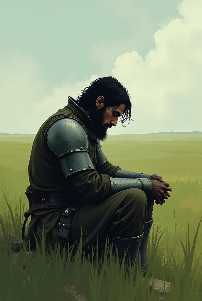 a lonely medieval soldier, black hair down to shoulders, short beard, sitting in a field, thinking about everything, calmed down