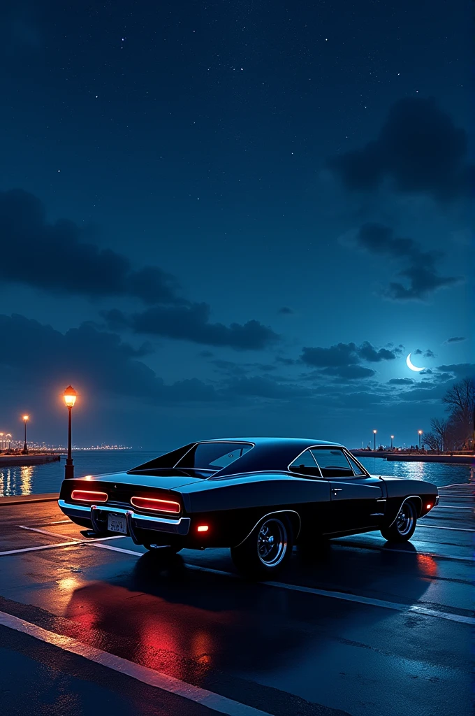 A meticulously drawn animation-style image set in a nighttime harbor. The scene features a vivid night view with a calm sea and a beautiful starry sky above filled with numerous twinkling stars. The wet road surface, reflecting light after the rain, adds to the ambiance. In the pier's parking lot, an Dutch Charger RT 1970 with a shiny black body is quietly parked, its taillights glowing softly. The car is rendered with intricate detail, and the entire composition is in high-quality 8K.highly detailed background
