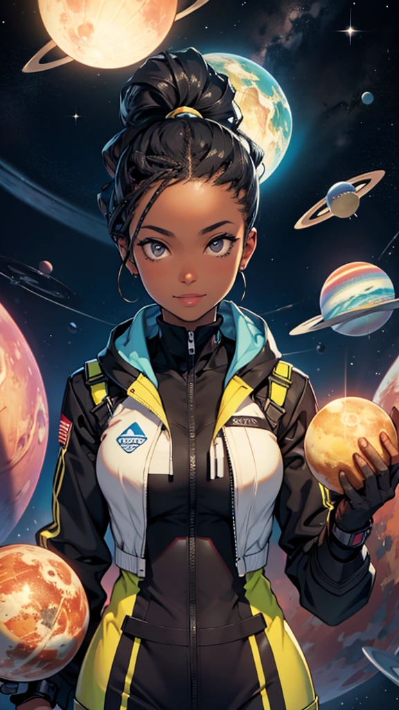black female science presenter looking at camera with planets in background