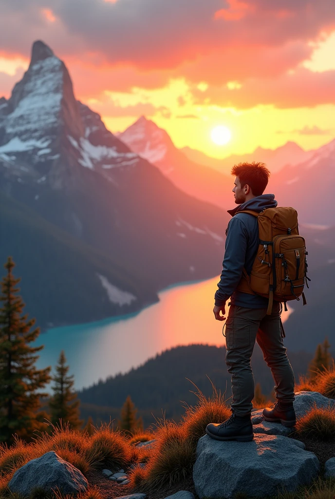 Create a sunset image, where a 20-year-old male is on top of the mountains contemplating the landscape in which in the middle of the mountains below there is a lake which makes the landscape more beautiful and detail the young man will be wearing trail clothing. the young man is looking at the sun.