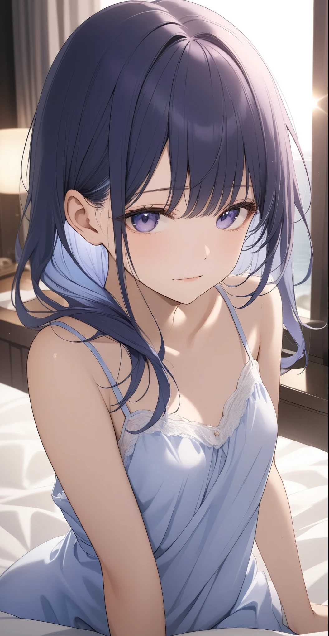 one,((Open camisole dress))、(She is wearing a bra and low-rise panties as a setting.)、(Indigo hair color、Pale pastel colored inner hair style、Long bangs down to the shoulders), Beautiful Hair, Facial Contour, Remember, Hotel, moonlight、splash, Lens flare,, Natural Color, High resolution, Very delicate, Very detailed, 8k,、Shyness,((Sexual))、((Lying on the bed))、Embarrassed