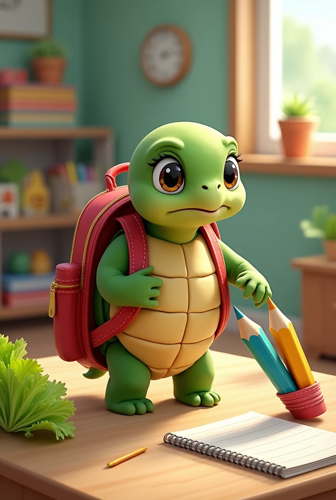On the first day of school, Lilli the turtle packed her little backpack with a fresh lettuce leaf, a colorful pencil and a notebook
