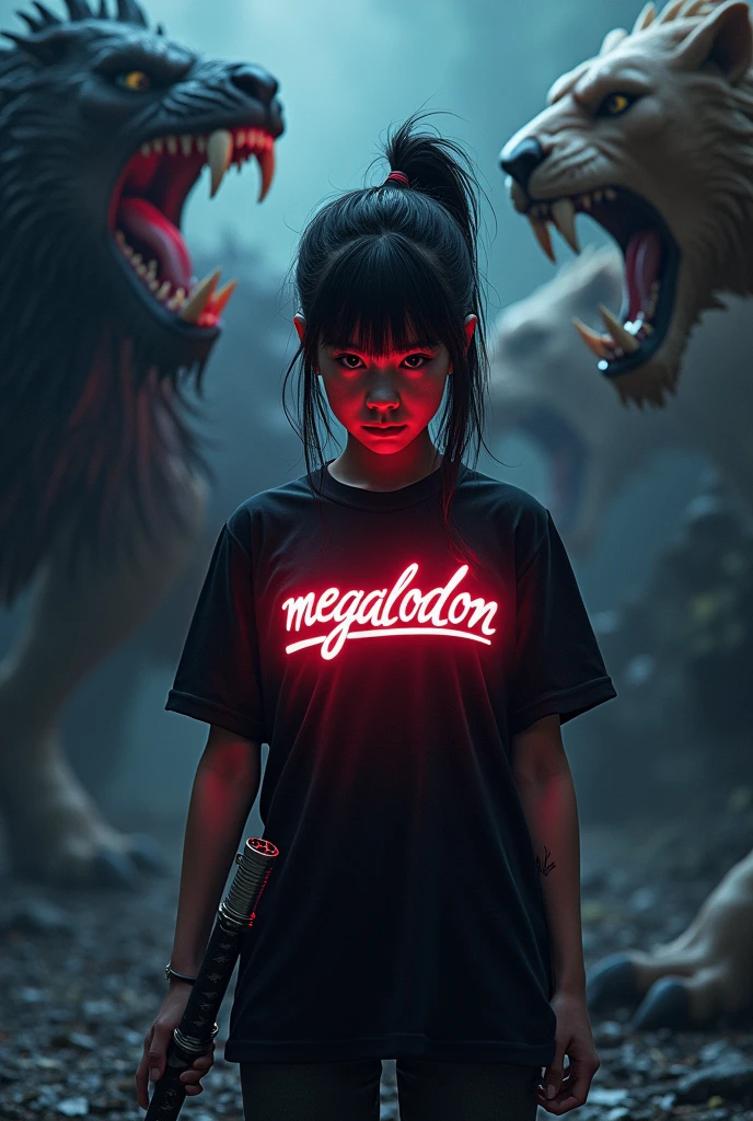 create high quality realistic images, a Girl wearing a black t-shirt with his name “MEGALODON” written boldly with a neon effect, the boy holds a samurai in his hand, the background is very dark, where the aggressive images of dragons and lions, the environment is pale.