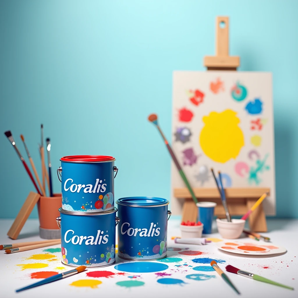 I want a background image for a website with gallons of paint in the color #003D6B Coralis writing stacked with the colors in the middle of the can indicating the colors blue, rot, yellow, with some brushes on the side and on the other side an open color palette, use the color in the background of the image #F5F5F5 to create a soft contrast and highlight colored elements in the foreground.