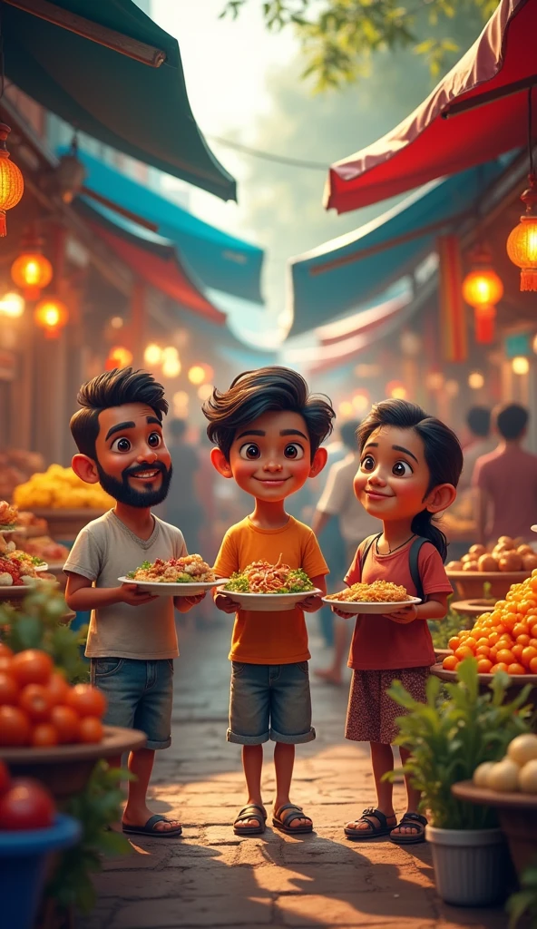 **Street Food Adventure**:
- Ashok, Gautam, and Ramen sampling various street food items at busy Thai food stalls. The scene is bustling with vibrant colors and food variety.