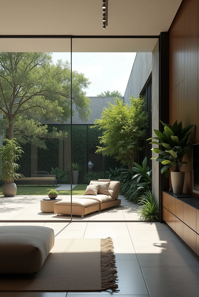 Interior design , modern living room  , in Brazil , glass frame , view of external garden , ultra realisitic , 4K , High-resolution rendering 