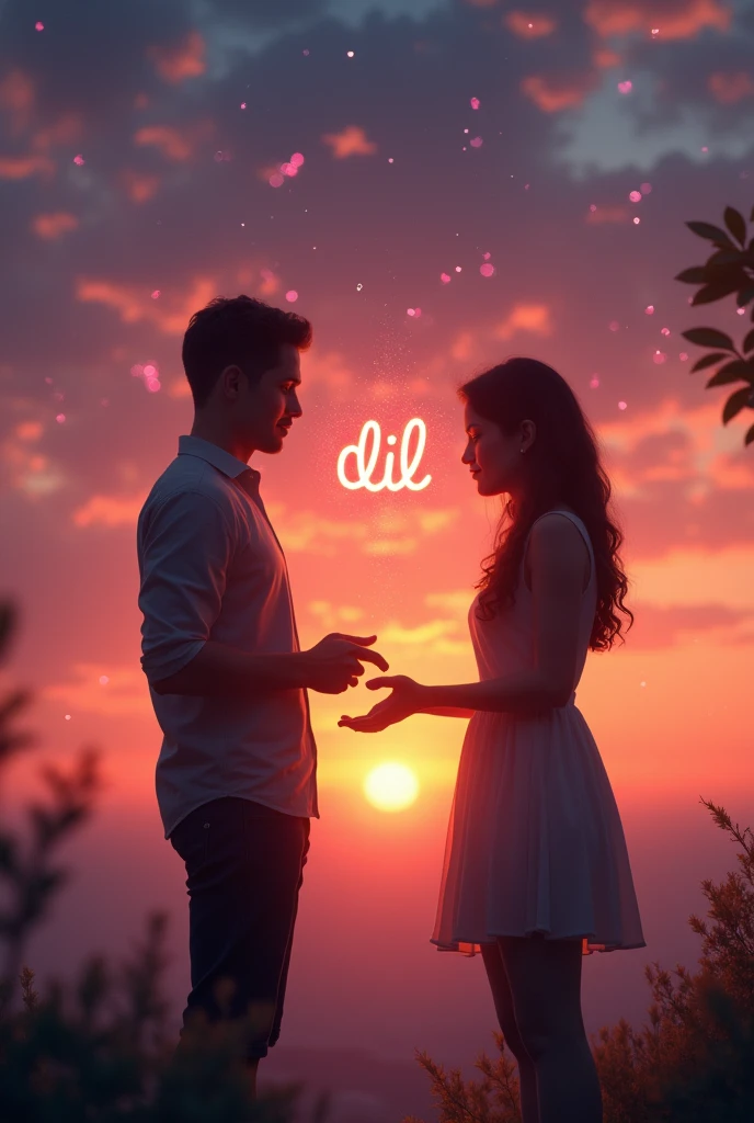 Prompt 3: A beautiful twilight setting with two people (Boy and Girl ) standing apart. One writes "Dil" in the air with a glowing pen, and the other catches the glowing letters with their hands, holding them close to their heart.