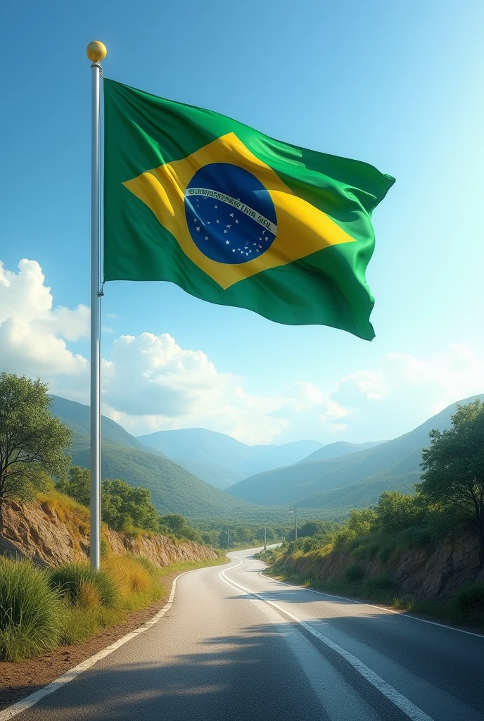 A pole with a Brazilian flag fluttering. The scene features a realistic landscape with a clear sky and a road in the background..