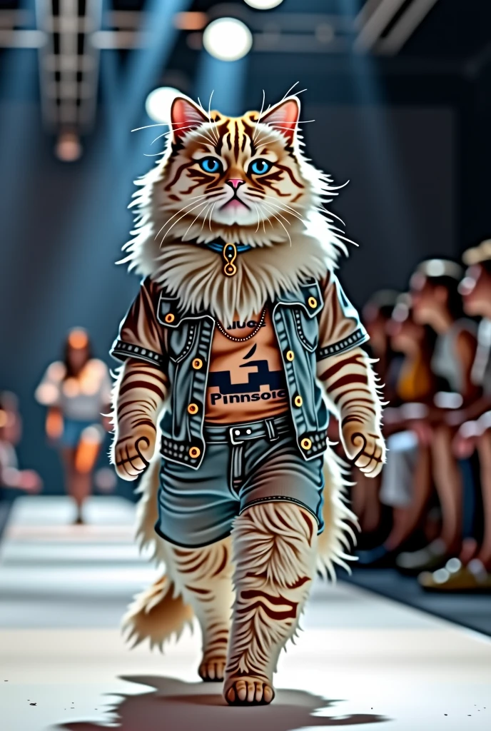 Himalayan cat wearing t-shirt with jeans chiton set in fashion show full body photo real as in real life