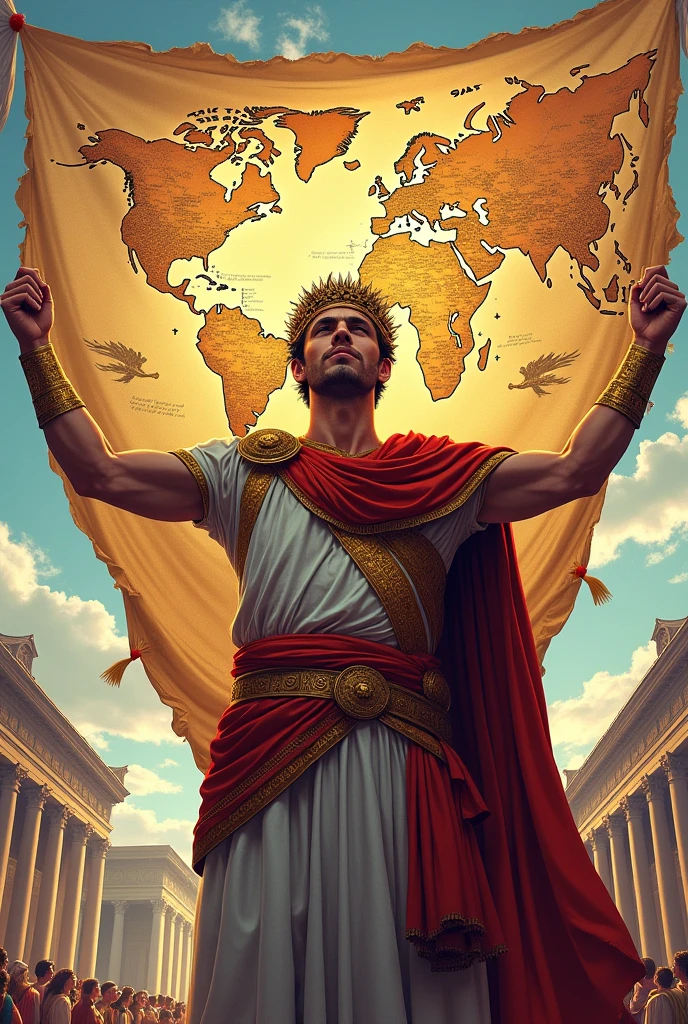 in ancient Rome, Emperor Augustus victorious, with crown of branches, showing map with many conquered territories, image in comic book drawing