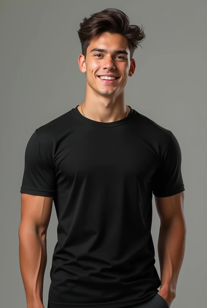 (photorealism:1.2),young man wearing black t-shirt, standing and smiling 