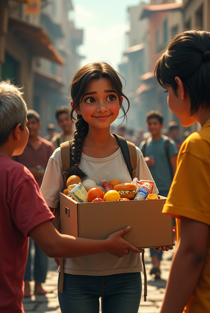 rosa, Now a , delivering food and clothing to people in need on the streets of Lima. She is shown smiling and talking to the poor and sick..