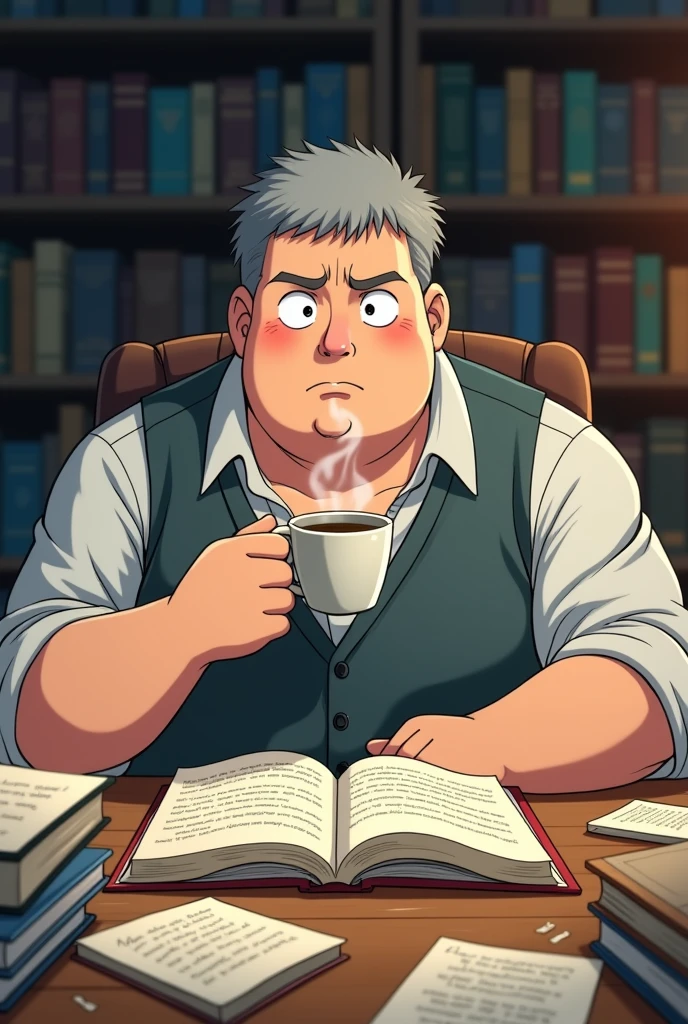 Create an anime of a 30 year old man, overweight, with a very short haircut, grayish, studying for a competition, reading books with coffee on the side