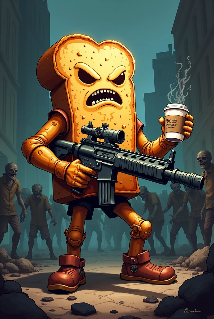 A cartoon character in the shape of a bread with a crispy crust. It looks grim and is armed with a machine gun and fights against zombies. In one hand the character holds a cup of coffee