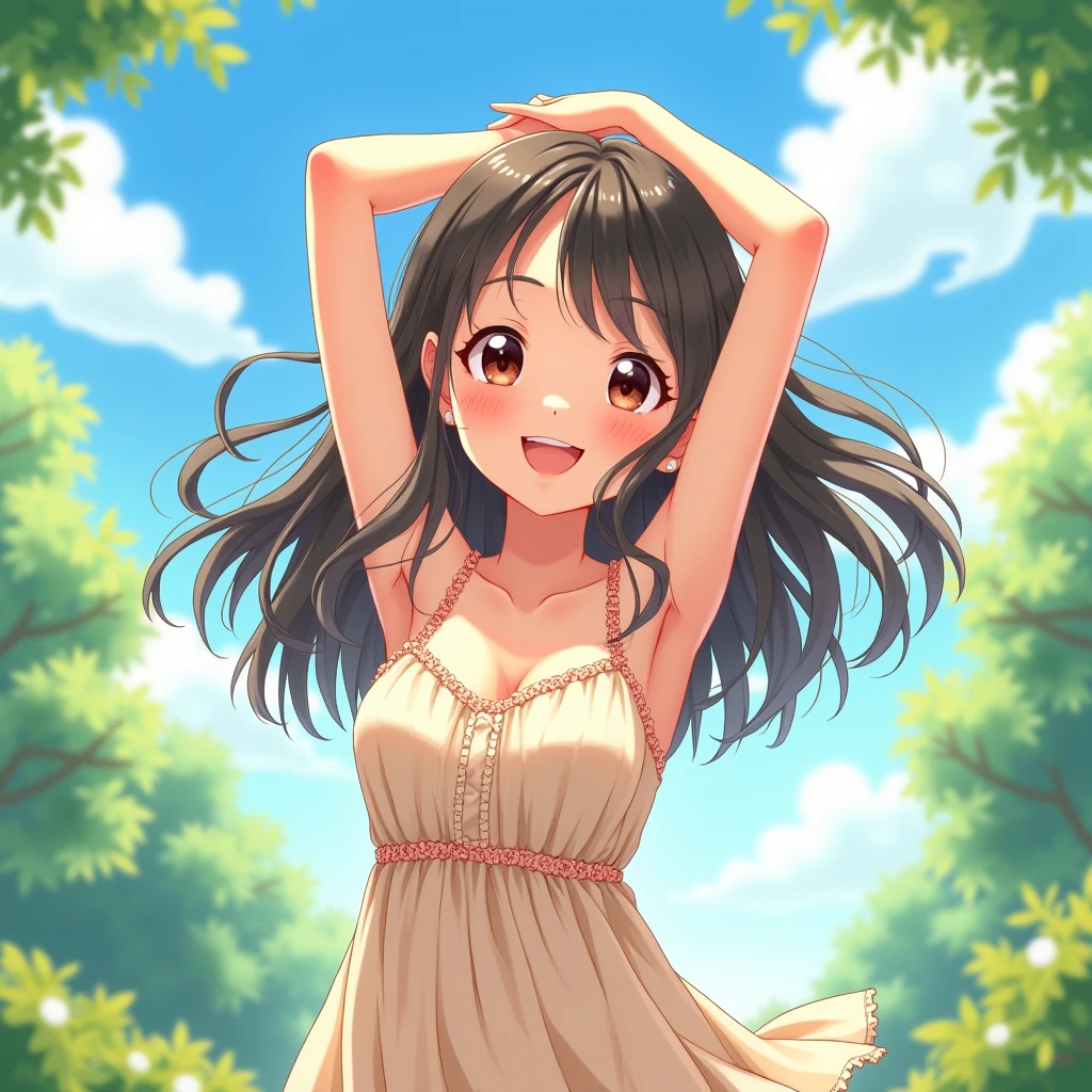 an anime woman in sundress raising arms and showing both her armpits in detail