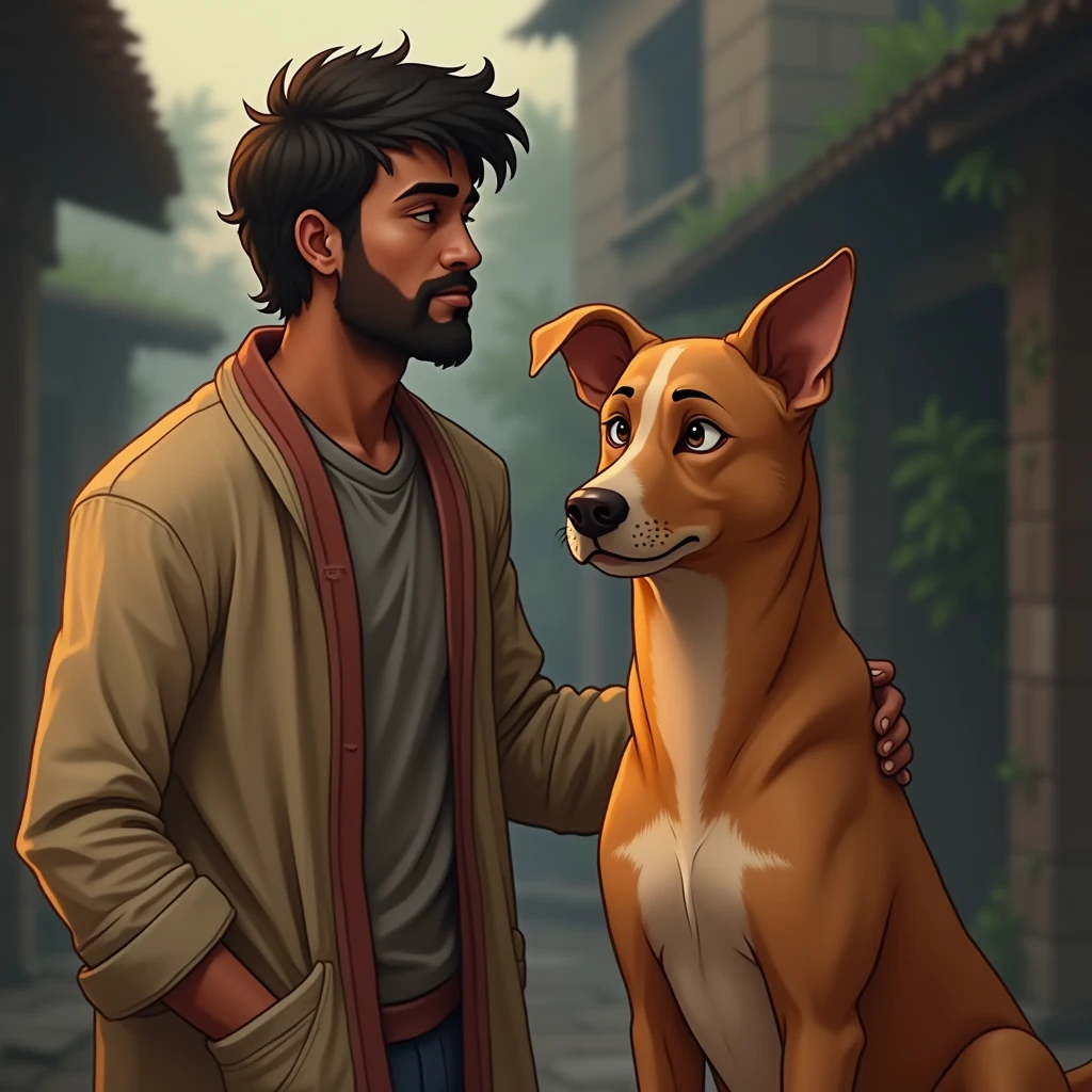 Near him stands a faithful dog named Sheru, medium-sized and brown in colour, with his eyes fixed on Mohan.