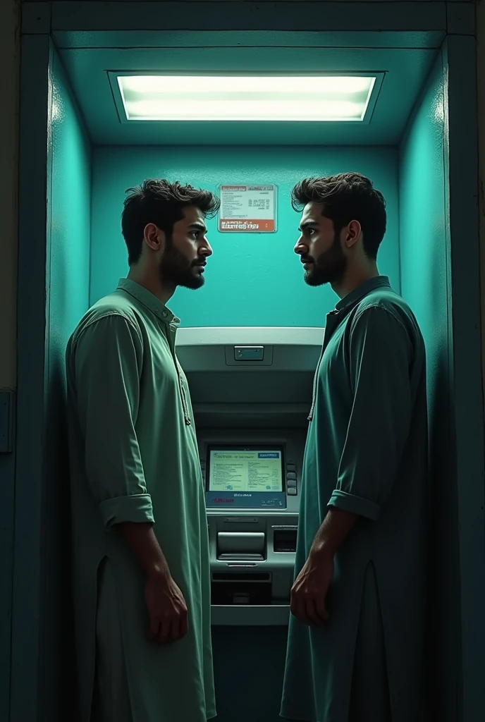 Generate a picture of two men ,age 26 years, wearing shalwar qames waiting depressed in ATM for his salary. " Tariq khan " and " khalid khan " names must be written in ATM wall clearly.