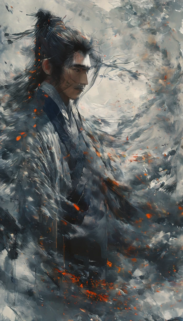 a realistic poster of a 20 years old, agile and short male samurai, with a pair of wakizashi, with black hair in a bun, his white and blue clothes and armor, decorated with air and feather motifs., dark mood ::2 multi-layered compositions, uhd image intricate patterns and details ::1 dramatic ilumination, Chinese ink, wash technique, a katana very detailed, splatter ink, black and white, black and white still, digital Art, perfect composition, beautiful detailed intricate insanely detailed, octane render trending on artstation, 8 k artistic photography, sumi-e concept art, soft natural volumetric cinematic perfect light, chiaroscuro