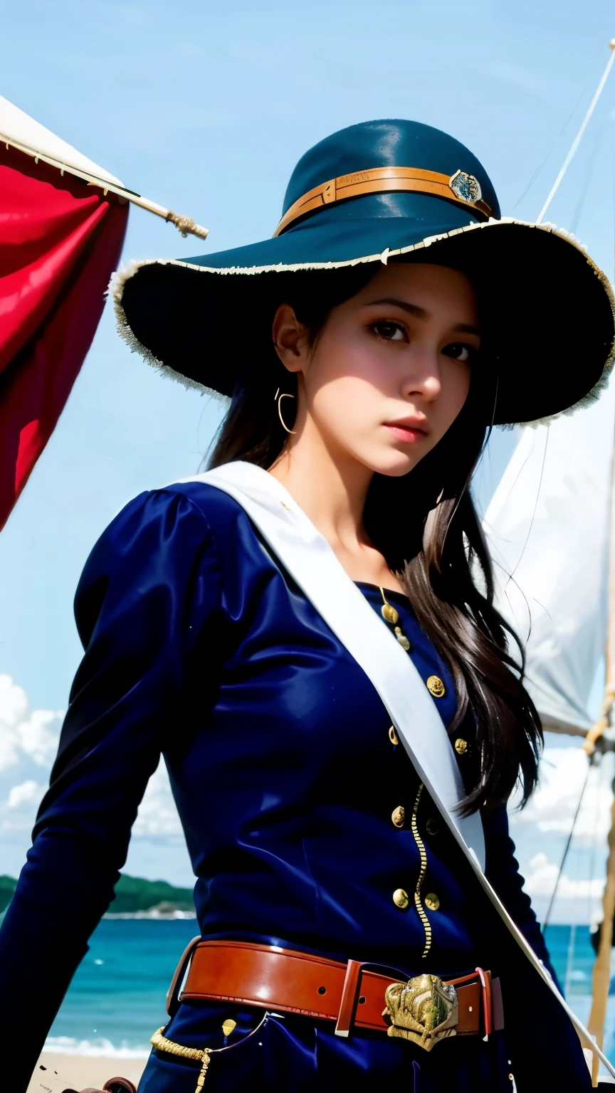 female cat furry, Fantasy Medieval Pirate, Saber in hand, bandana, Pirate hat, A shot of a hat, Boat, sail, Sea and sky in the background, Text only, Correct Female Anatomy, beautiful woman anthro, Cat's head, Greg Rutkowski's Fur Art, Digital art by artgerm, Detailed Art, masterpiece, digital painting, correct anatomy