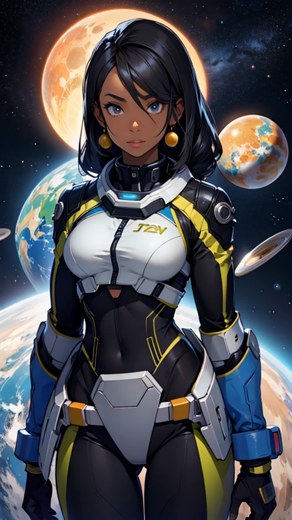 black female science presenter looking at camera with planets in background