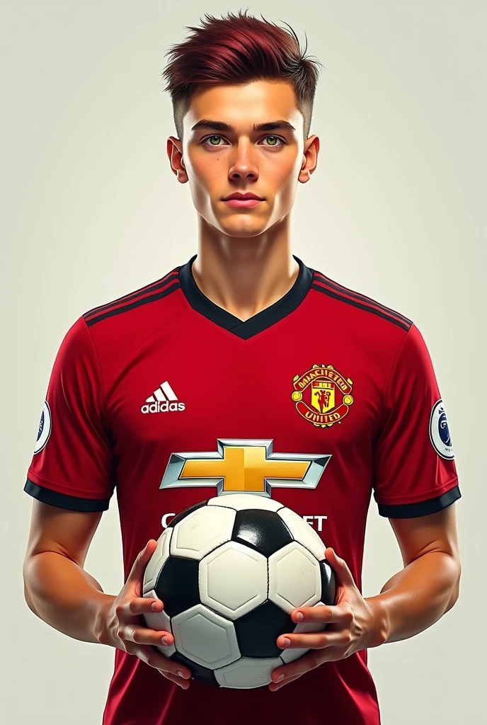  short hair,maroon,with yellowish-white skin, green eyes and football player with manchester shirt with ball in hand
