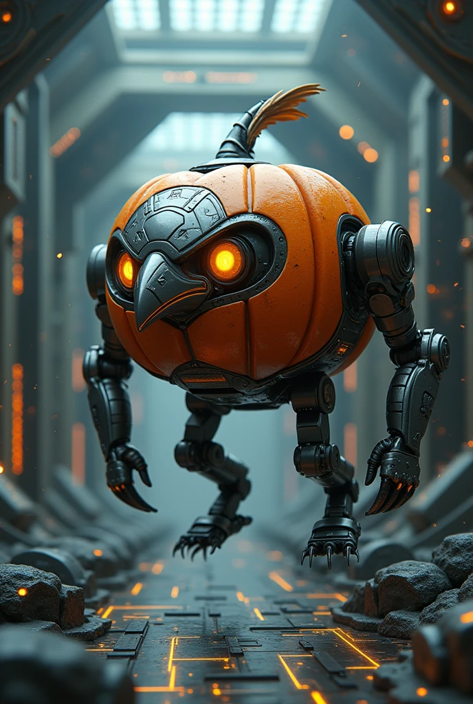 ZEUS FACE (Best quality, 8K,A high resolution,Masterpiece:1.2),Ultra-detailed),Futuristic robot pumpkin monster,full bodyesbian,colorful neon,High-tech mechanical parts,Metal hats are cool,Metal legs,Bionic eye,Detailed feather design,sharp beak,hovers in mid-air,Electric blue and bright purple,Vivid glowing eyes,Reflective metal surface,Gloomy environment,Dynamic pose,imposing presence,Technological progress,Interlocking mechanical gears,Dynamic and stylish design,motion blur effect,meticulous craftsmanship,Sci-fi atmosphere,Streamlined aerodynamic shape,Laser scanning pattern,holographic projections,Light-emitting circuit lines,hauntingly beautiful,Otherworldly precision,Advanced sensors,Complex algorithms,Ominous and mysterious atmosphere,electric sparks,Shiny chrome plating,Futuristic propulsion system, Year's on_gundam, 1 
