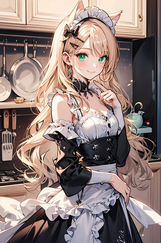 masterpiece,best quality,ultra detailed,((chibi style)),
hyper girlish boy,1shota,(pale_green wavy long hair),hairclip,cat ears,cat tail,smile,frilly camisole type maid costume,(Kitchen),((Maid's greeting)),
