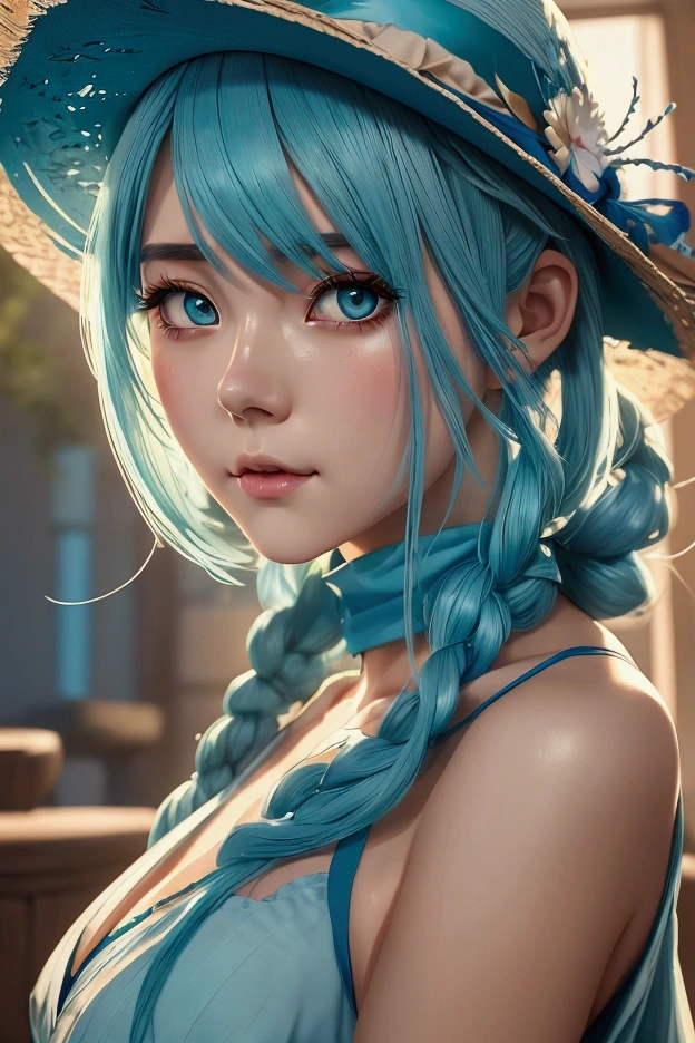 anime girl with blue hair wearing a straw hat and a blue dress, guweiz style artwork, beautiful animated portrait, guweiz, beautiful anime girl, beautiful animated style, anime girl with teal hair, animated style. 8k, in bowater art style, beautiful digital illustration, Beautiful character painting, awesome anime face portrait