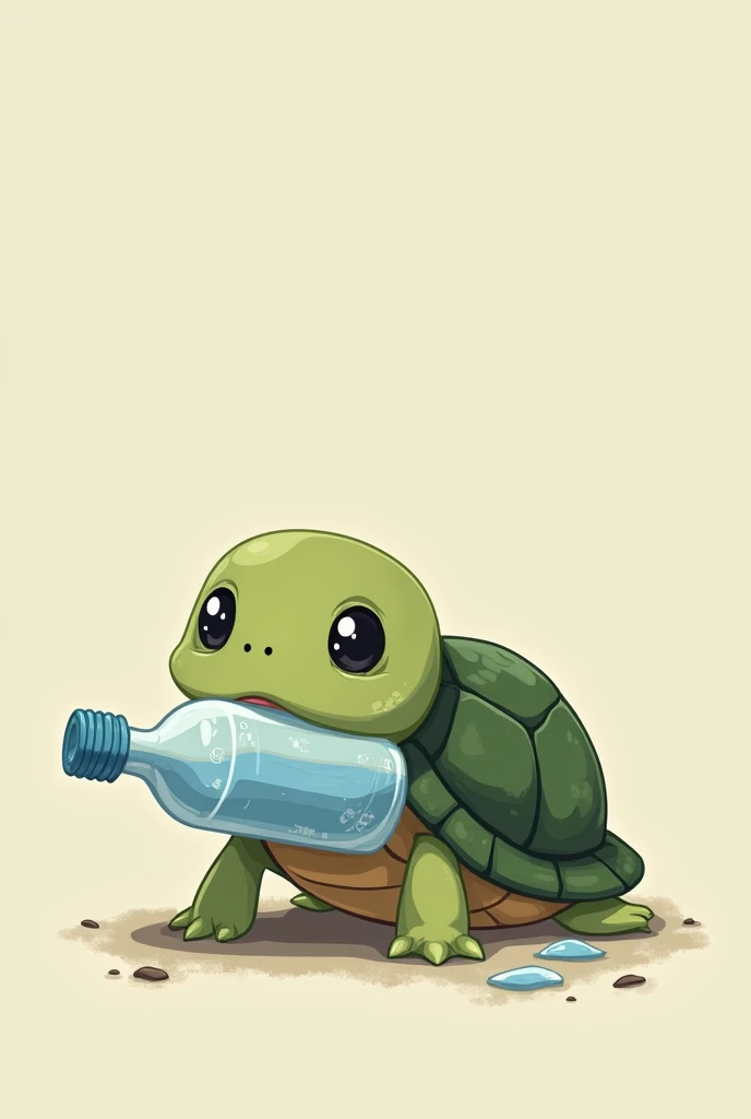 Drawing of a scared turtle with a plastic bottle covering its mouth, the turtle must be cute