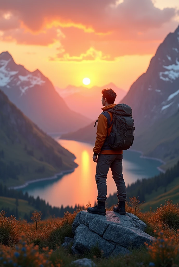 Create a sunset image, where a 20-year-old male is on top of the mountains contemplating the landscape in which in the middle of the mountains below there is a lake which makes the landscape more beautiful and detail the young man will be wearing trail clothing. the young man is looking at the sun.