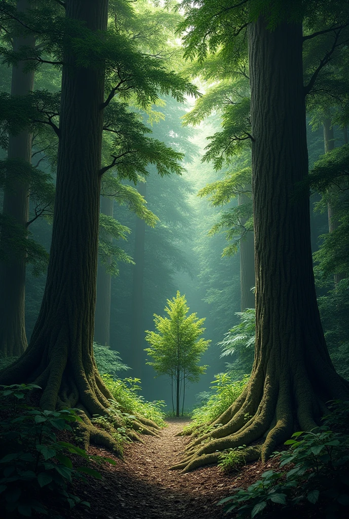 Trees in a Forest:** Show a dense forest scene where some trees are taller and blocking sunlight from reaching smaller trees beneath them. The taller trees could be depicted as having more robust leaves, while the smaller trees may look less healthy due to limited light.
