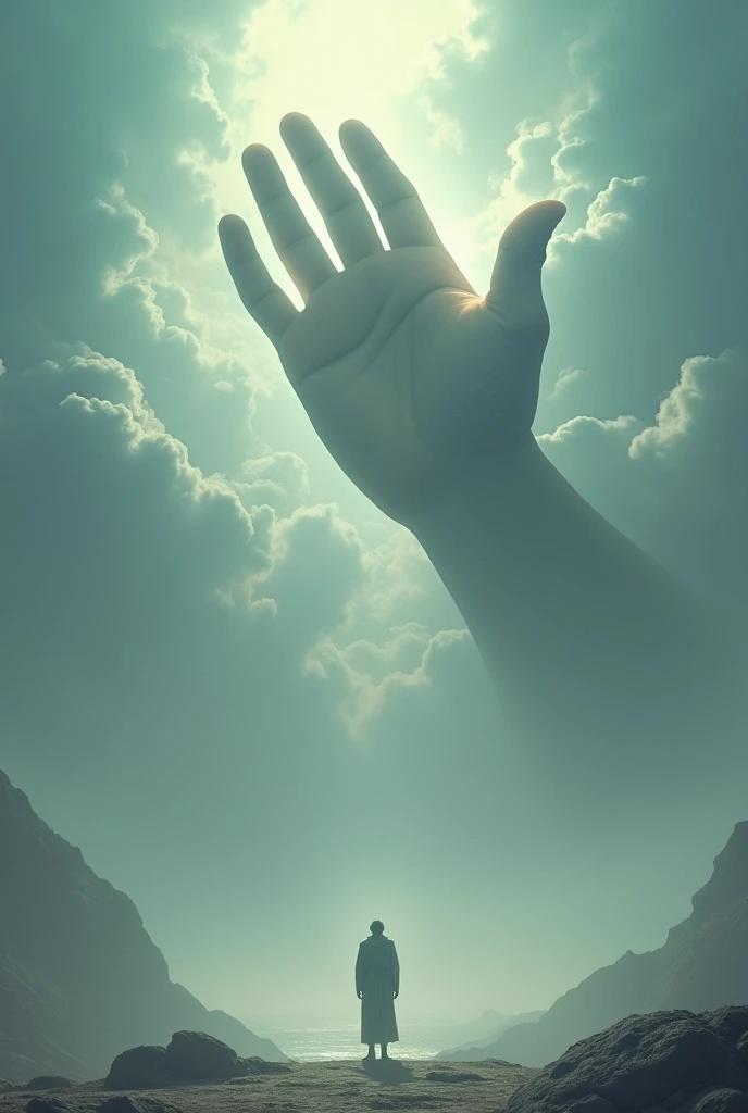 A GIANT HAND COMING down
FROM HEAVEN ON A MAN WHO IS STANDING IN FRONT OF THE HAND