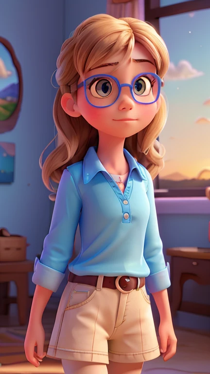 a girl wearing a blue blouse with sunglasses, looking at the horizon, Disney Pixar style home,intricate details,highly detailed,photorealistic,masterpiece,8k,ultra-detailed,vibrant colors,soft lighting,serene atmosphere,beautiful landscape,rolling hills,fluffy clouds,sunset glow,reflection in sunglasses,warm tones,whimsical elements,cinematic composition